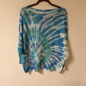 Blue and White Tie-Dye Sweater Oversized Polyester Boat Neck Size 3